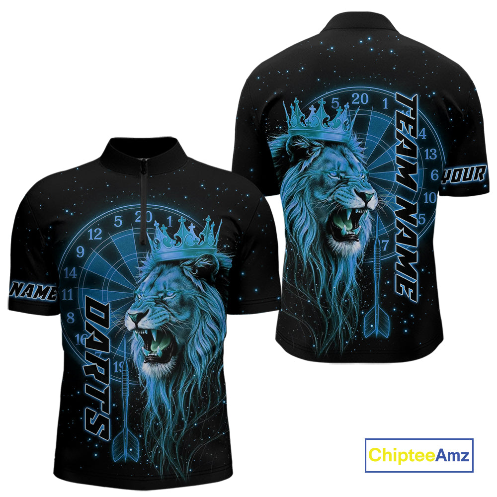 Black And Blue Funny Lion Crown Darts Shirt For Men Custom Darts League Jersey Polo & 1/4 Zip TDM5001