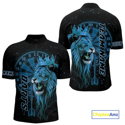 Black And Blue Funny Lion Crown Darts Shirt For Men Custom Darts League Jersey Polo & 1/4 Zip TDM5001