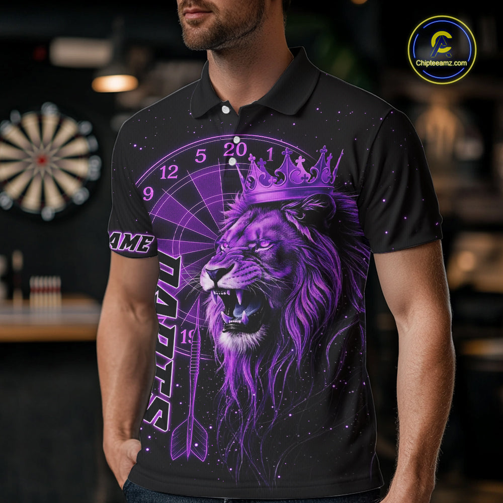 Black And Purple Funny Lion Crown Darts Shirt For Men Custom Darts League Jersey Polo & 1/4 Zip TDM5002