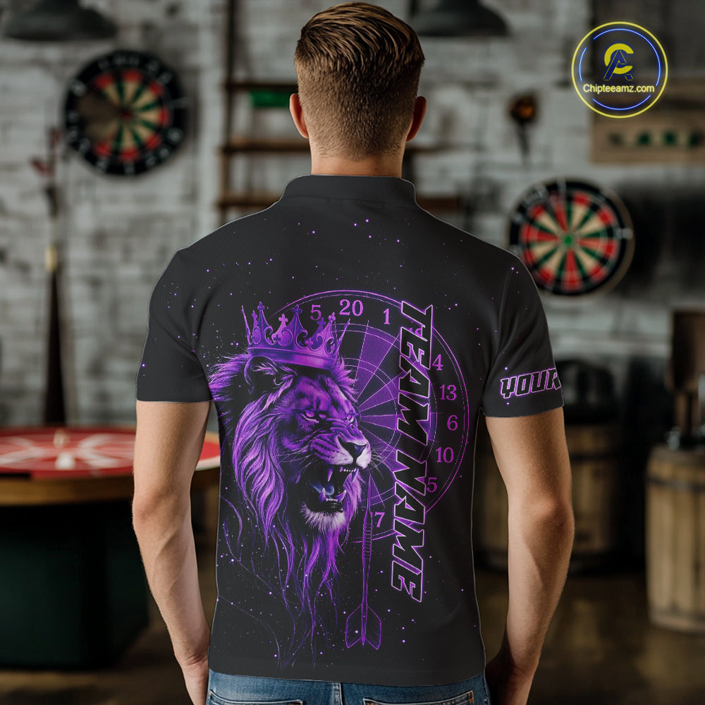 Black And Purple Funny Lion Crown Darts Shirt For Men Custom Darts League Jersey Polo & 1/4 Zip TDM5002