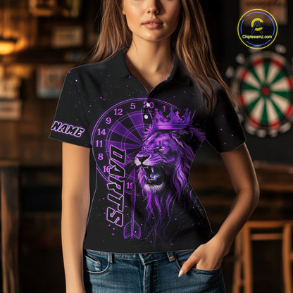 Black And Purple Funny Lion Crown Darts Shirt For Women Custom Darts League Jersey Polo & 1/4 Zip TDM5002