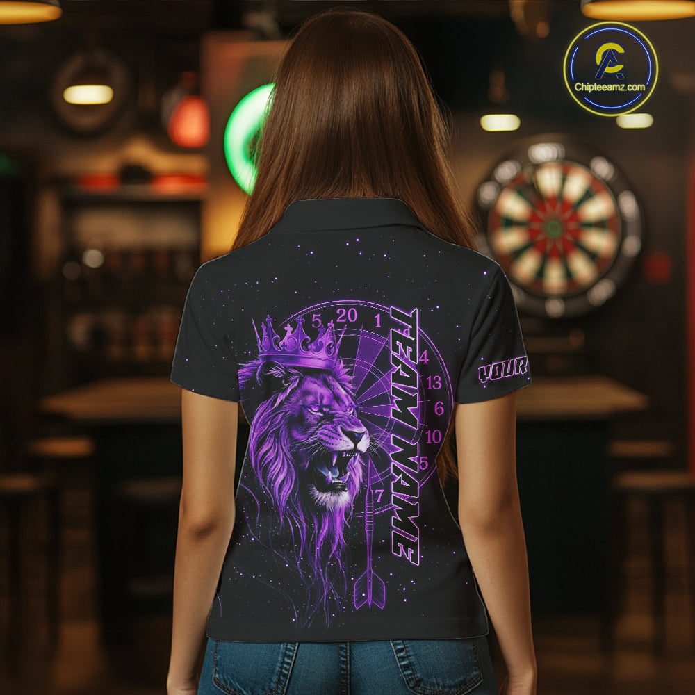 Black And Purple Funny Lion Crown Darts Shirt For Women Custom Darts League Jersey Polo & 1/4 Zip TDM5002