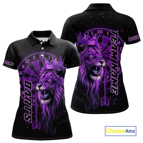 Black And Purple Funny Lion Crown Darts Shirt For Women Custom Darts League Jersey Polo & 1/4 Zip TDM5002
