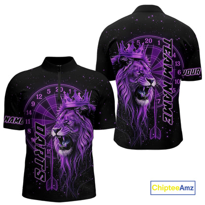 Black And Purple Funny Lion Crown Darts Shirt For Men Custom Darts League Jersey Polo & 1/4 Zip TDM5002