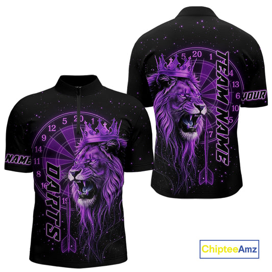 Black And Purple Funny Lion Crown Darts Shirt For Men Custom Darts League Jersey Polo & 1/4 Zip TDM5002