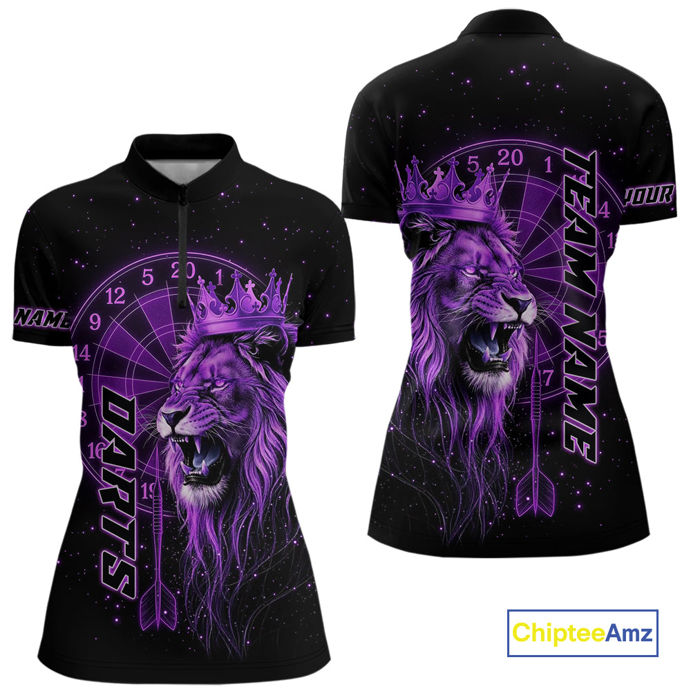 Black And Purple Funny Lion Crown Darts Shirt For Women Custom Darts League Jersey Polo & 1/4 Zip TDM5002