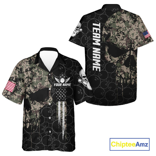 Retro Camo Skull Bowling Hawaiian Shirt For Men Women Custom US Flag Bowling Team Button Up Jersey TDM7861