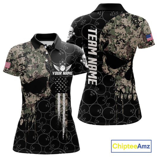 Retro Camo Skull Bowling Shirts For Women Custom US Flag Bowling Team Jersey Polo & Quarter Zip TDM7861