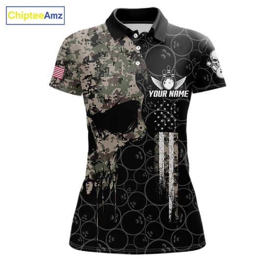Retro Camo Skull Bowling Shirts For Women Custom US Flag Bowling Team Jersey Polo & Quarter Zip TDM7861