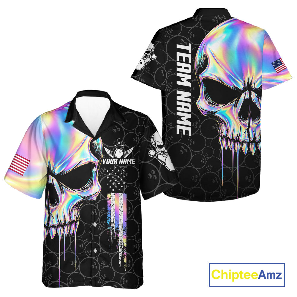 Black And Holographic Skull Bowling Shirt For Men Women Custom US Flag Bowling Team Button Up Jersey TDM7862