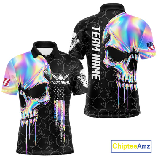 Black And Holographic Skull Bowling Shirts For Men Custom Patriotic US Flag Bowling Team Jersey TDM7862