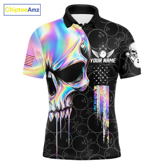 Black And Holographic Skull Bowling Shirts For Men Custom Patriotic US Flag Bowling Team Jersey TDM7862