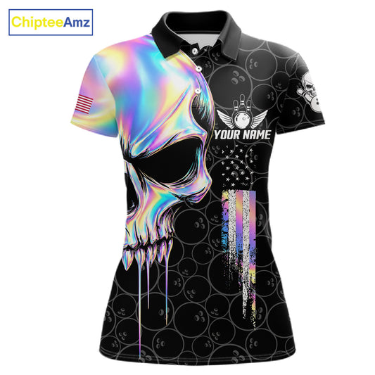 Black And Holographic Skull Bowling Shirts For Women Custom Patriotic US Flag Bowling Team Jersey TDM7862