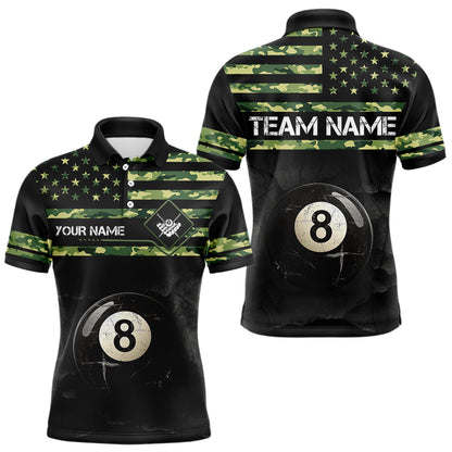 Customized Retro 8 Ball Pool Green Camo US Flag Billiard Shirts For Men, Patriotic Billiard Jerseys TDM3566