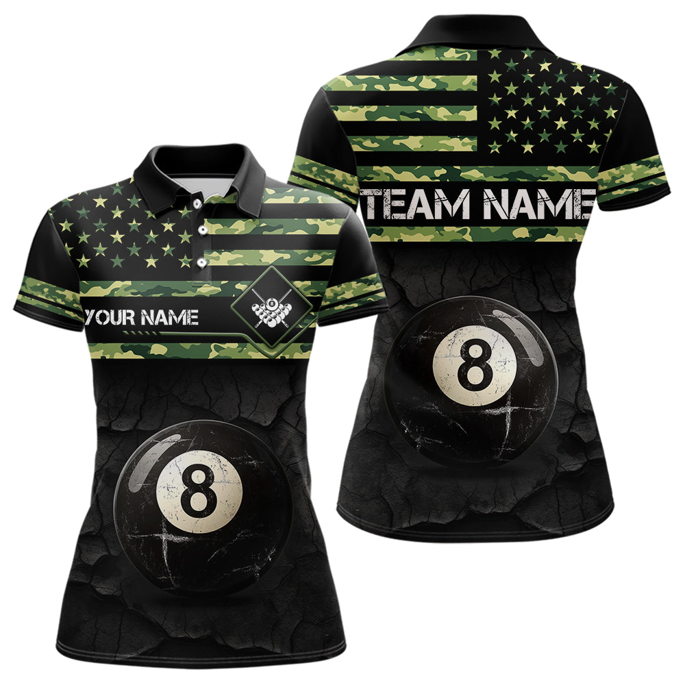 Customized Retro 8 Ball Pool Green Camo US Flag Billiard Shirts For Women, Patriotic Billiard Jerseys TDM3566
