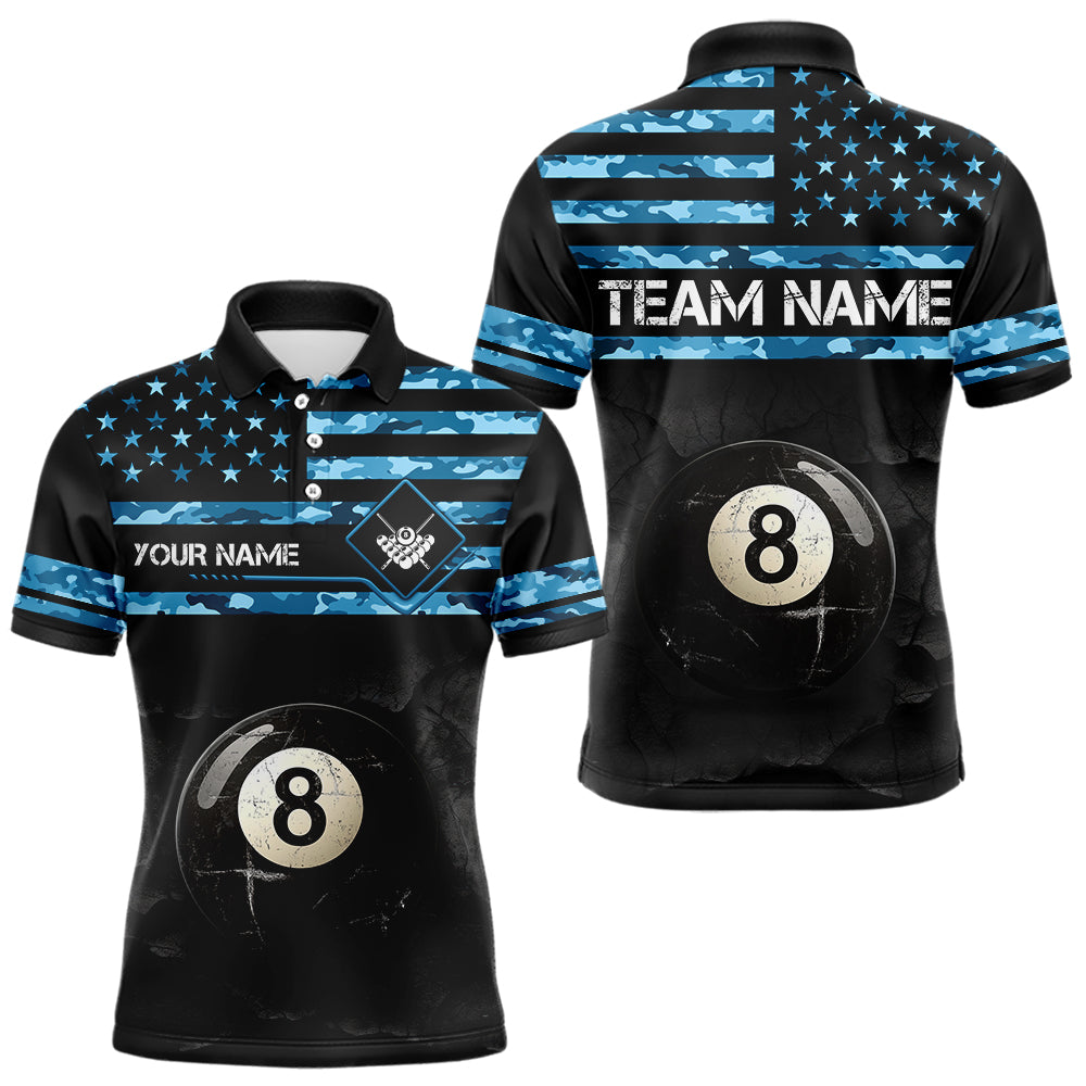 Customized Retro 8 Ball Pool Blue Camo US Flag Billiard Shirts For Men, Patriotic Billiard Jersey TDM3567