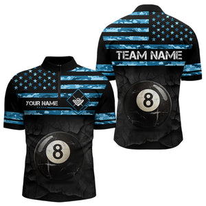 Customized Retro 8 Ball Pool Blue Camo US Flag Billiard Shirts For Men, Patriotic Billiard Jersey TDM3567