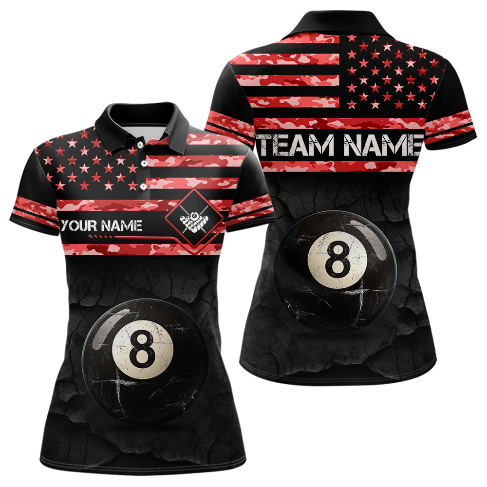 Customized Retro 8 Ball Pool Red Camo US Flag Billiard Shirts For Women, Patriotic Billiard Jerseys TDM3568