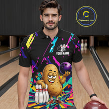 Load image into Gallery viewer, Man wearing a colorful potato bowling polo shirt at a bowling alley front view.