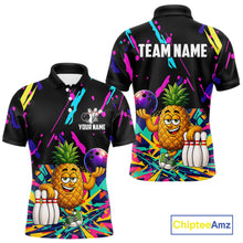 Load image into Gallery viewer, Colorful pineapple bowling polo shirt for men with tropical custom bowling team graphics.