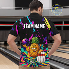 Load image into Gallery viewer, Back view of man wearing a colorful pineapple bowling quarter zip shirt in a bowling alley.