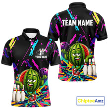 Load image into Gallery viewer, Colorful watermelon bowling polo shirt for men with vibrant custom bowling team graphics.