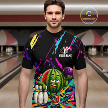 Load image into Gallery viewer, Man wearing a colorful watermelon bowling quarter zip jersey during league competition front view.