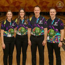 Load image into Gallery viewer, Bowling team wearing matching colorful watermelon bowling jerseys during tournament matches front view.