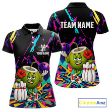Load image into Gallery viewer, Colorful coconut bowling polo shirt for women with tropical custom bowling team graphics.