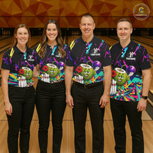 Load image into Gallery viewer, Bowling team wearing matching colorful coconut bowling jerseys during tournament matches front view.