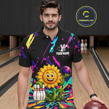 Load image into Gallery viewer, Man wearing a colorful sunflower bowling polo shirt at a bowling alley front view.