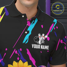 Load image into Gallery viewer, Close-up of a colorful sunflower bowling polo shirt collar, buttons, and sunflower artwork.