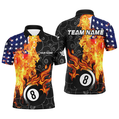 American Flag Fire Flame 8 Ball Billiard Shirts For Men Customized Patriotic Billiard Pool Jerseys TDM2023