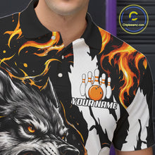 Load image into Gallery viewer, Close-up of the personalized orange flame wolf bowling team jersey polo shirt showing the collar, buttons, premium performance fabric and detailed orange flame wolf graphics.