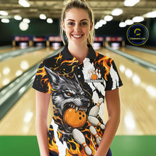 Load image into Gallery viewer, Woman wearing personalized orange flame wolf bowling team jersey polo shirt featuring orange flame wolf artwork, front view.