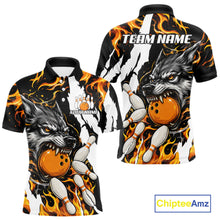 Load image into Gallery viewer, Personalized orange flame wolf bowling team jersey polo shirt for men featuring a fierce wolf with blazing orange flame artwork, premium custom bowling league apparel for tournaments, league nights and competitive bowling teams.