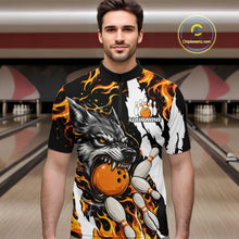 Load image into Gallery viewer, Man wearing personalized orange flame wolf bowling team jersey quarter zip shirt featuring orange flame wolf artwork, front view.