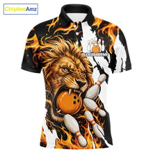 Load image into Gallery viewer, Personalized orange flame lion bowling team jersey polo shirt for men featuring a fierce lion with blazing orange flame artwork, premium custom bowling league apparel for tournaments and league play.