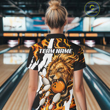 Load image into Gallery viewer, Woman wearing personalized orange flame lion bowling team jersey quarter zip shirt featuring orange flame lion artwork, front view.