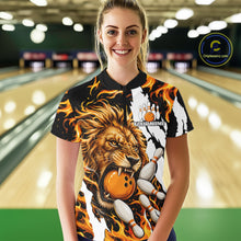 Load image into Gallery viewer, Woman wearing personalized orange flame lion bowling team jersey polo shirt featuring orange flame lion artwork, back view.
