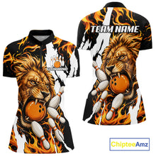 Load image into Gallery viewer, Personalized orange flame lion bowling team jersey quarter zip shirt for women featuring bold orange flame lion graphics, premium custom bowling league apparel.