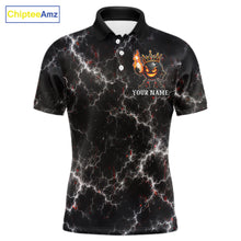 Load image into Gallery viewer, Personalized crown bowling ball lightning bowling team jersey polo shirt for men featuring a royal crown, bowling ball and lightning design, premium custom bowling league apparel for tournaments and league play.
