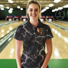Load image into Gallery viewer, Woman wearing personalized crown bowling ball lightning bowling team jersey polo shirt featuring crown and lightning bowling ball artwork, front view.