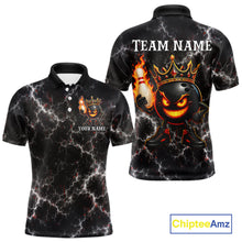 Load image into Gallery viewer, ersonalized crown bowling ball lightning bowling team jersey polo shirt for men featuring a royal crown, bowling ball and lightning design, premium custom bowling league apparel for tournaments and league play.
