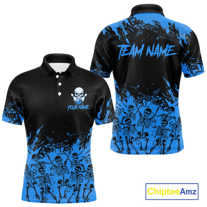 Black And Blue Funny Skeleton Bowling Shirts For Men Custom Skull Bowling League Team Jersey TDM7252