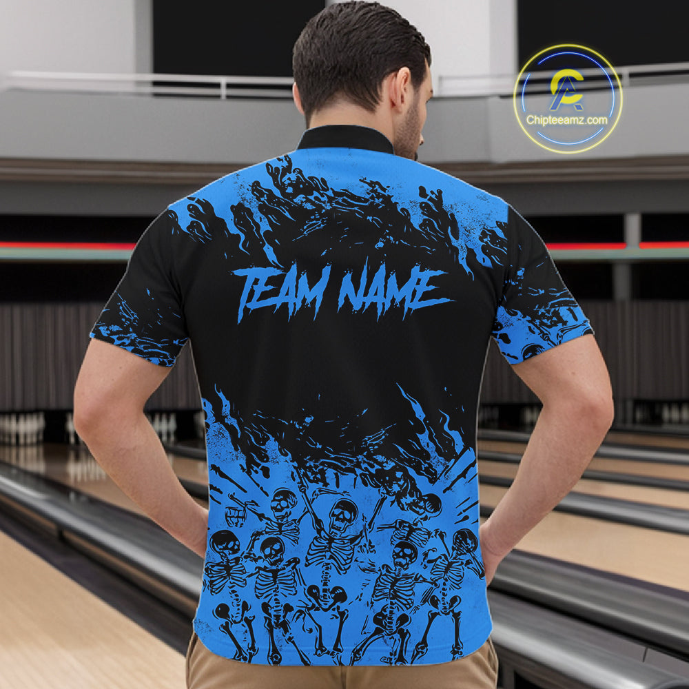 Black And Blue Funny Skeleton Bowling Shirts For Men Custom Skull Bowling League Team Jersey TDM7252