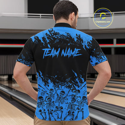 Black And Blue Funny Skeleton Bowling Shirts For Men Custom Skull Bowling League Team Jersey TDM7252