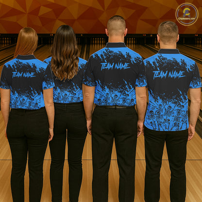 Black And Blue Funny Skeleton Bowling Shirts For Men Custom Skull Bowling League Team Jersey TDM7252