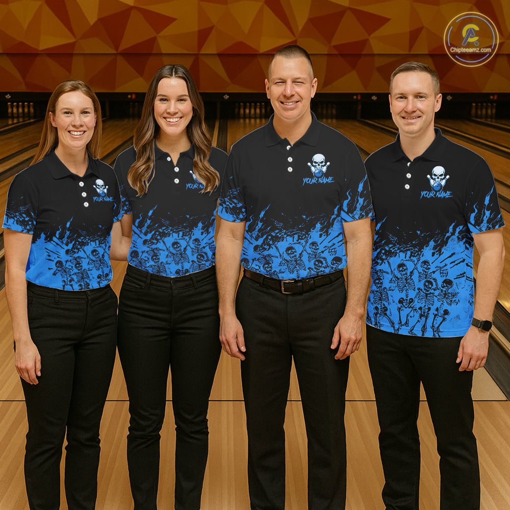 Black And Blue Funny Skeleton Bowling Shirts For Men Custom Skull Bowling League Team Jersey TDM7252
