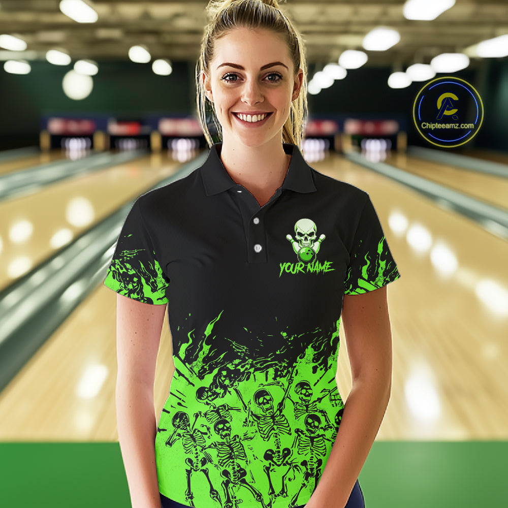 Black And Green Funny Skeleton Bowling Shirts For Women Custom Skull Bowling League Team Jersey TDM7253
